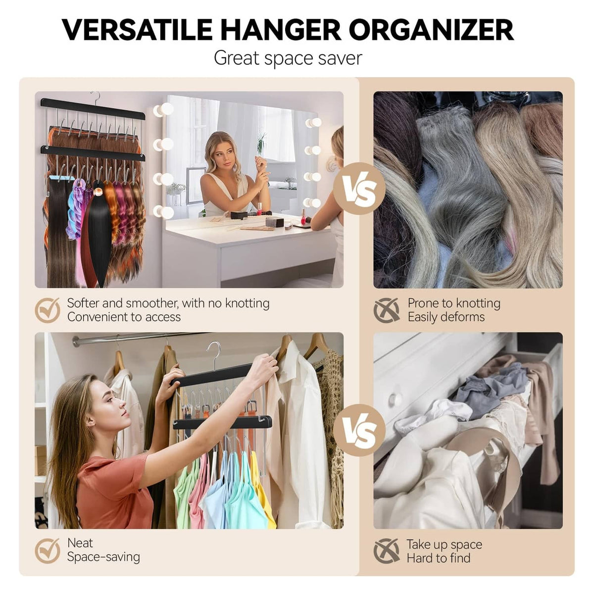 Black versatile hanger organizer for extensions, shown with smooth, no-knot hook design