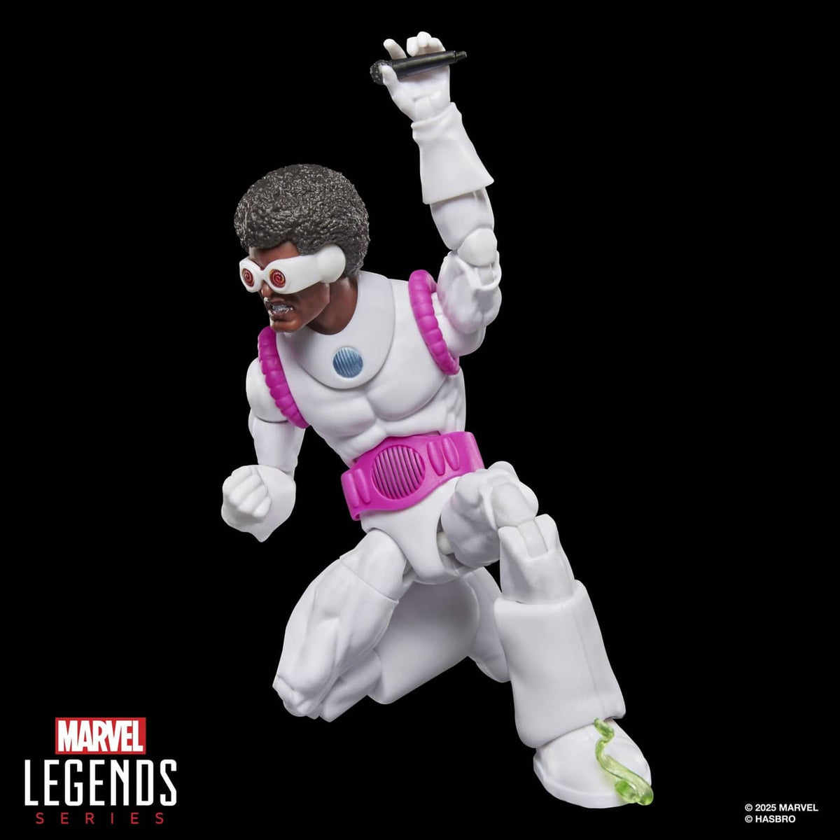White-suited action figure with purple guitar and red goggles, sideways pose