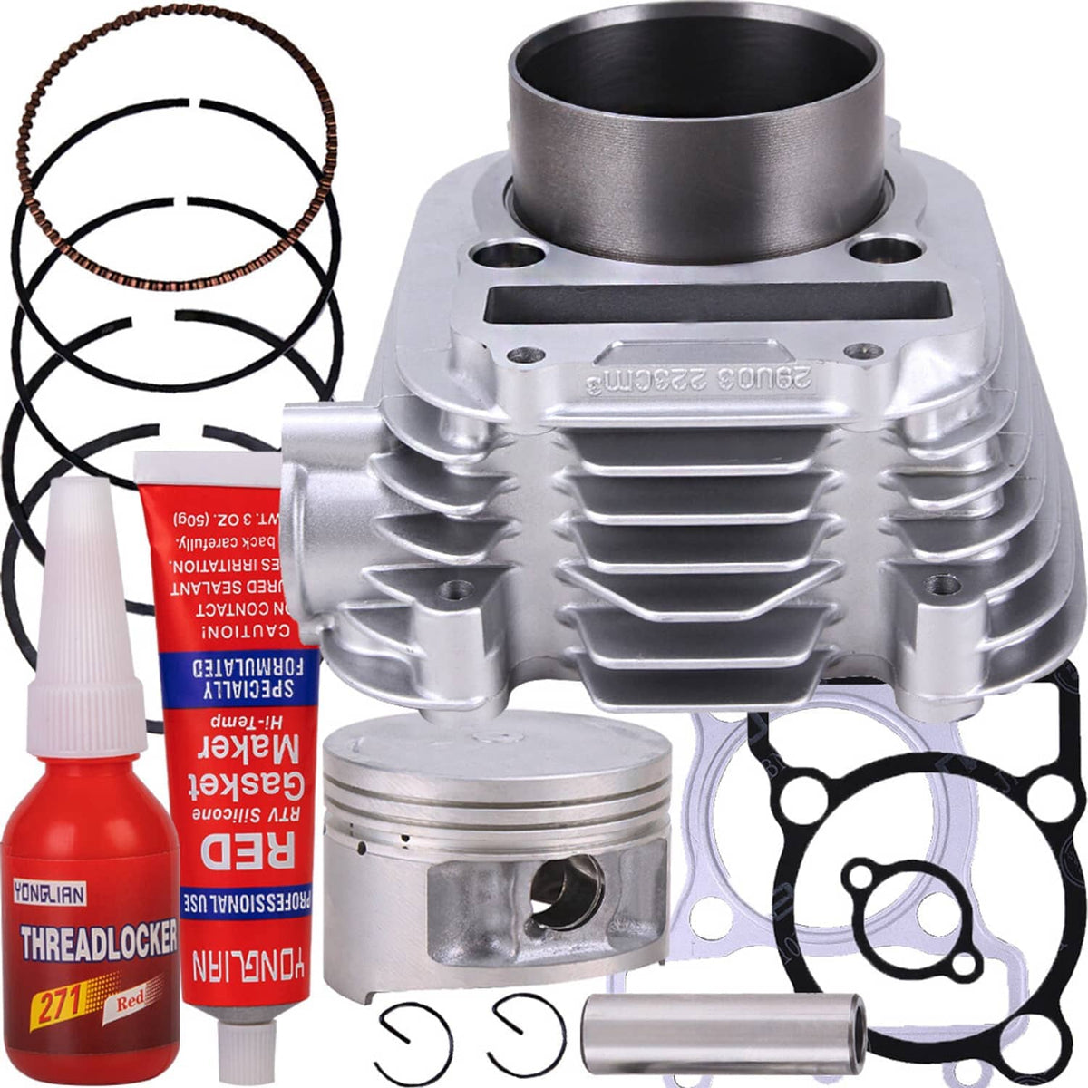 ATV cylinder head rebuild kit with piston, rings, gaskets, wrist pin, and sealant
