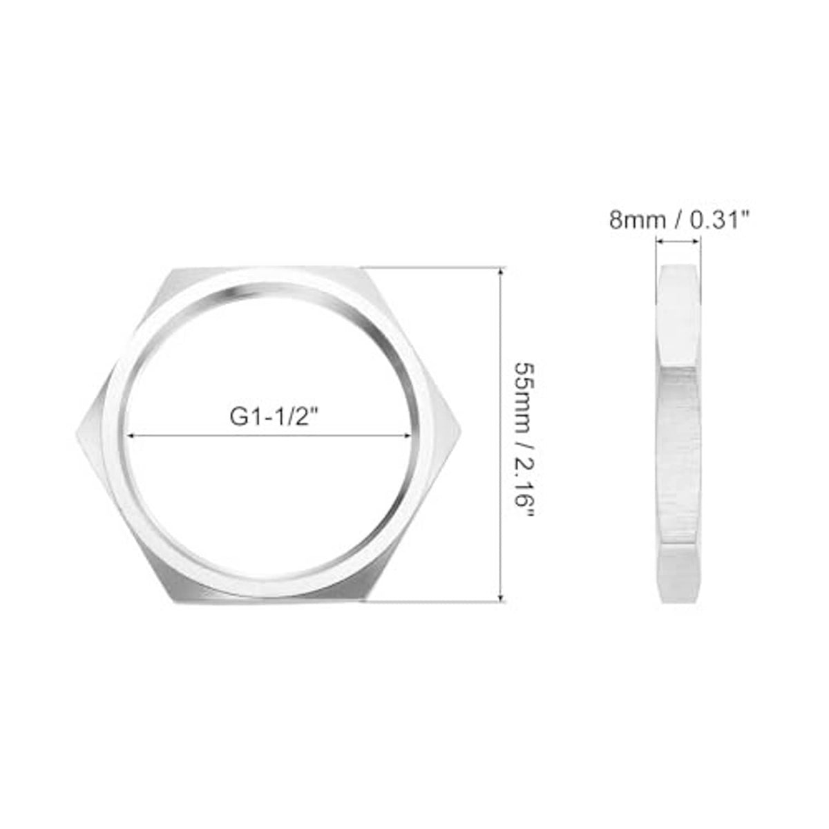 G1-1/2 thin hex lock nut, 8mm thickness, threaded female inlet, side view
