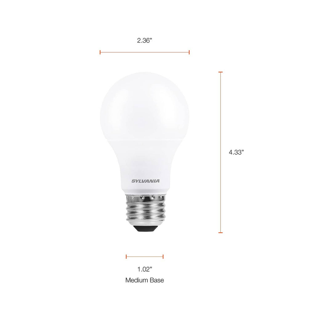 A19 LED bulb dimensions: 2.36 in wide, 4.33 in tall, medium base