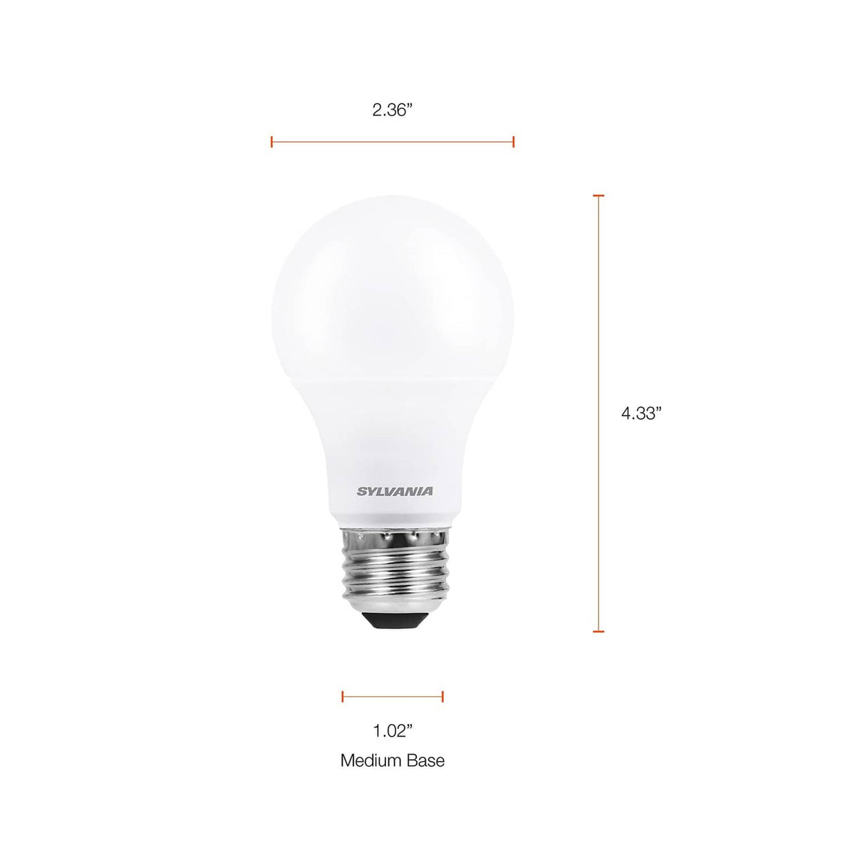 A19 LED bulb dimensions: 2.36 in wide, 4.33 in tall, medium base