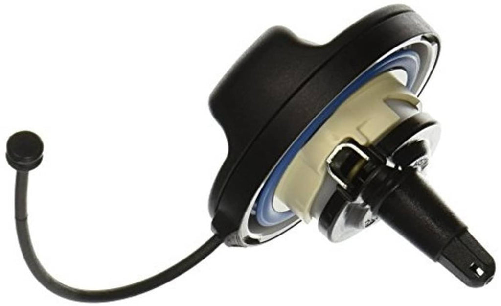 Fuel filler cap with blue gasket ring and black nozzle, plus connected tether cord