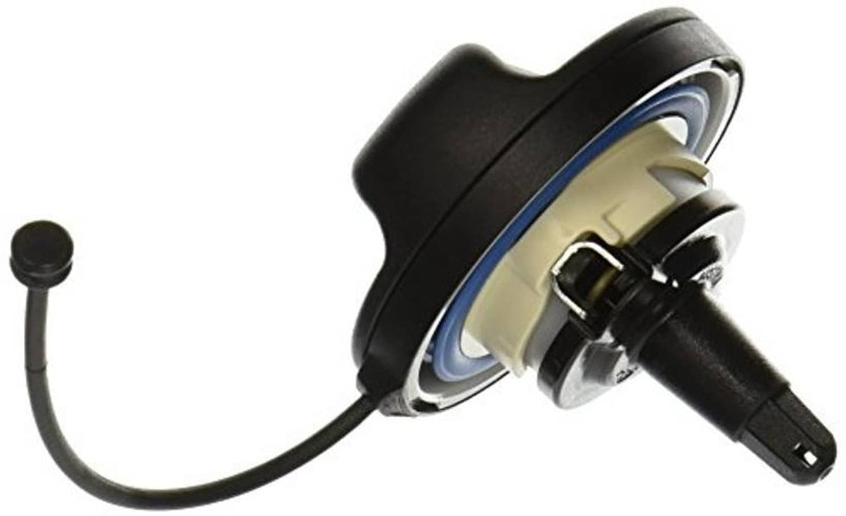 Fuel filler cap with blue gasket ring and black nozzle, plus connected tether cord