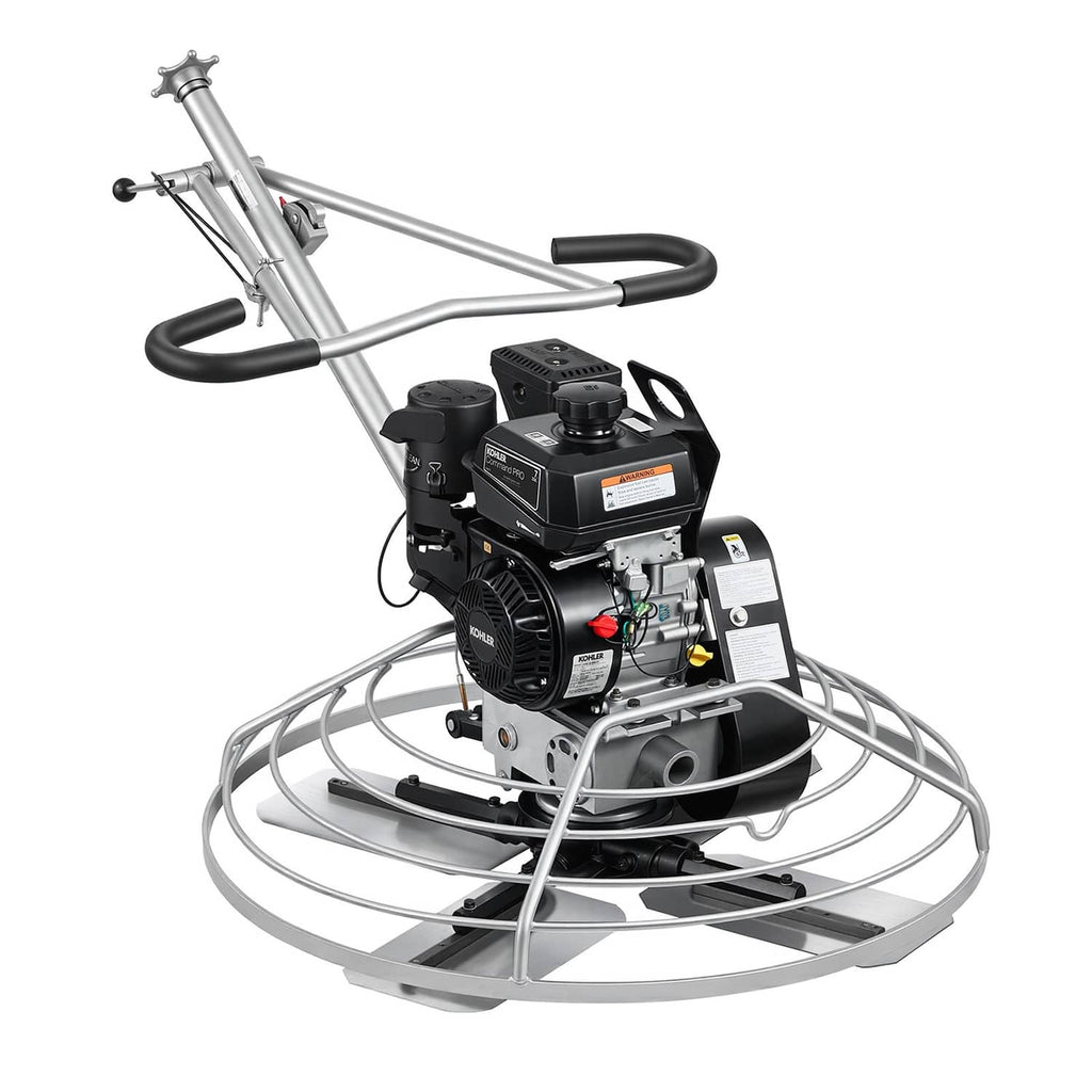 Gas concrete power trowel with circular float pan, long handle, and engine