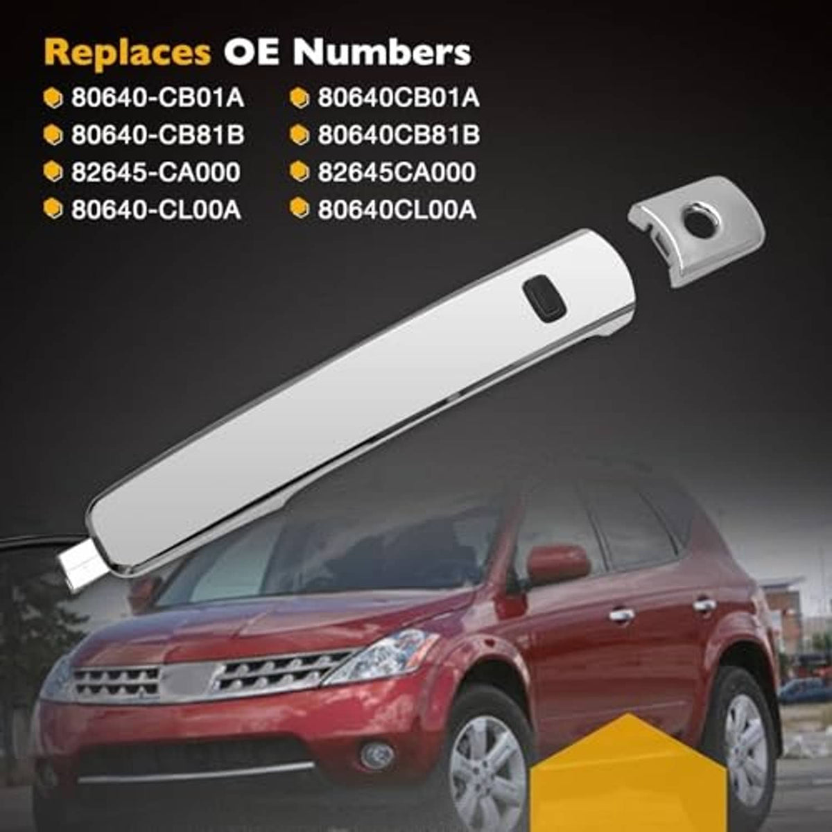 Chrome exterior door handle with black keyless switch and front mounting plate