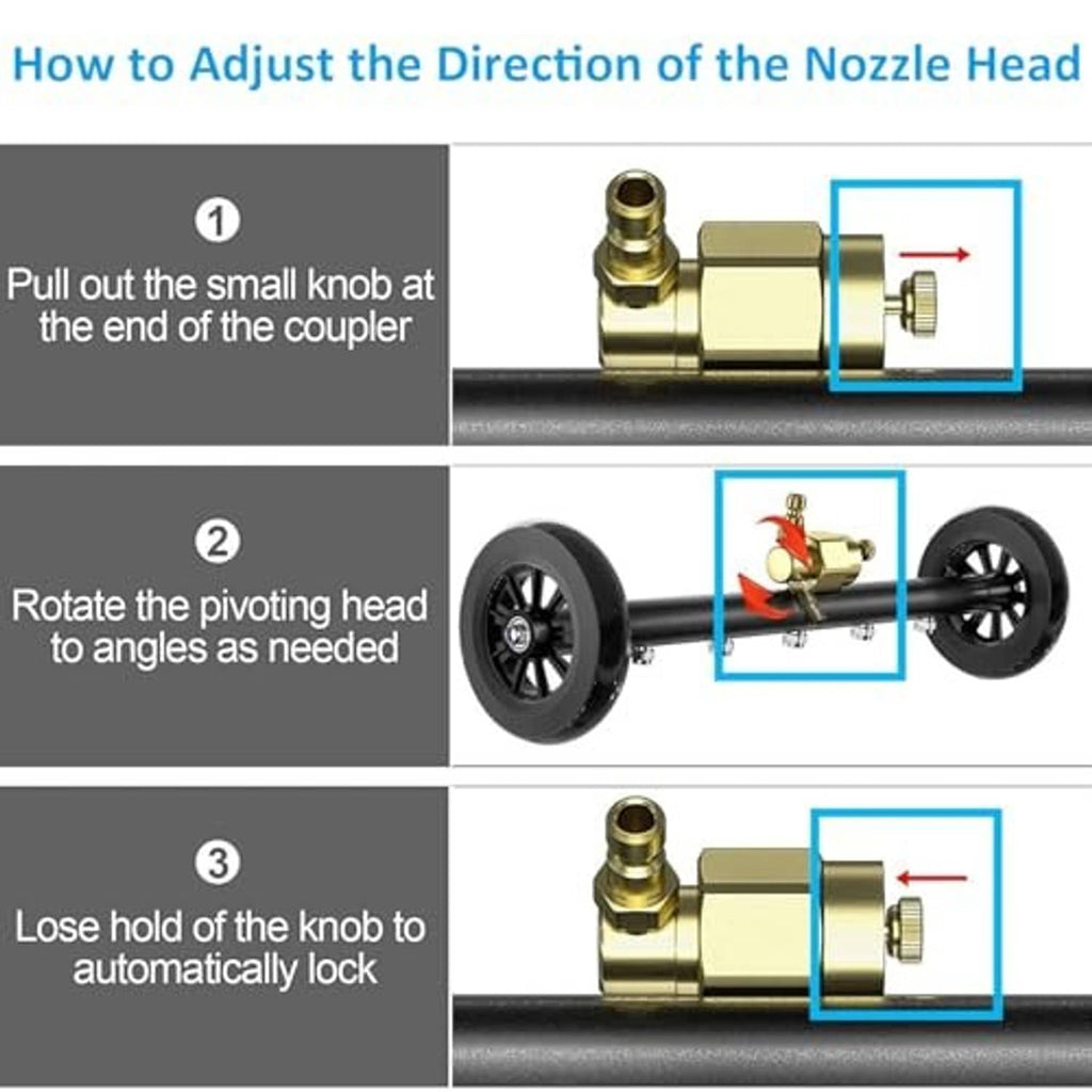 Pivoting brass nozzle head on undercarriage pressure washer cleaner with adjustable knob