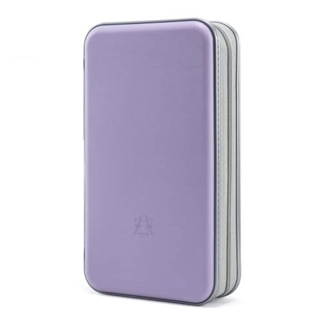 Lavender hard plastic CD case organizer wallet with side zipper and silver trim.