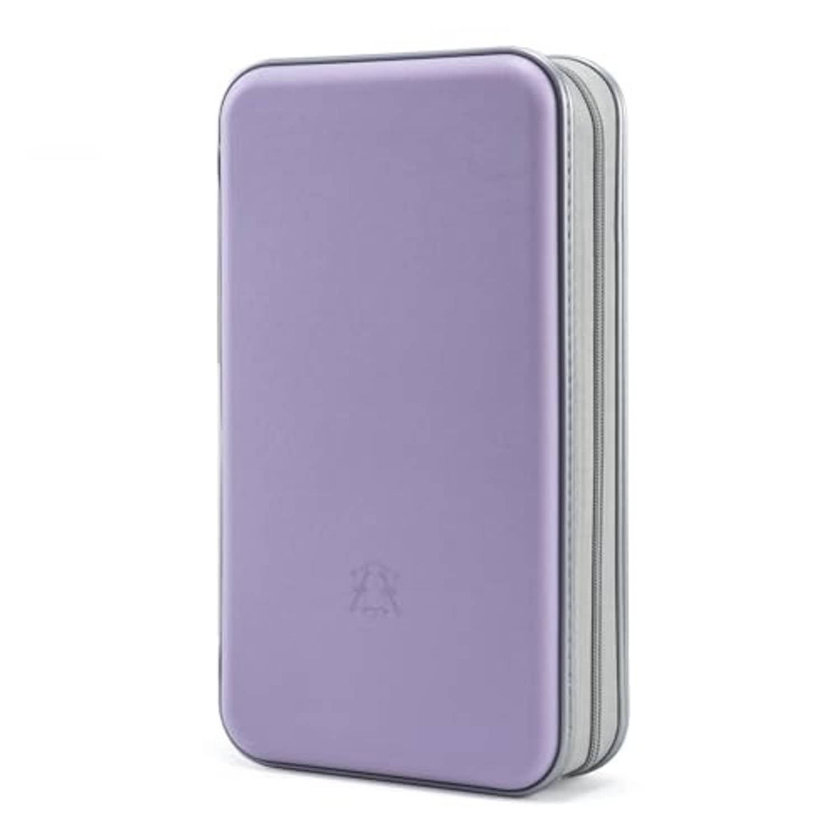 Lavender hard plastic CD case organizer wallet with side zipper and silver trim.
