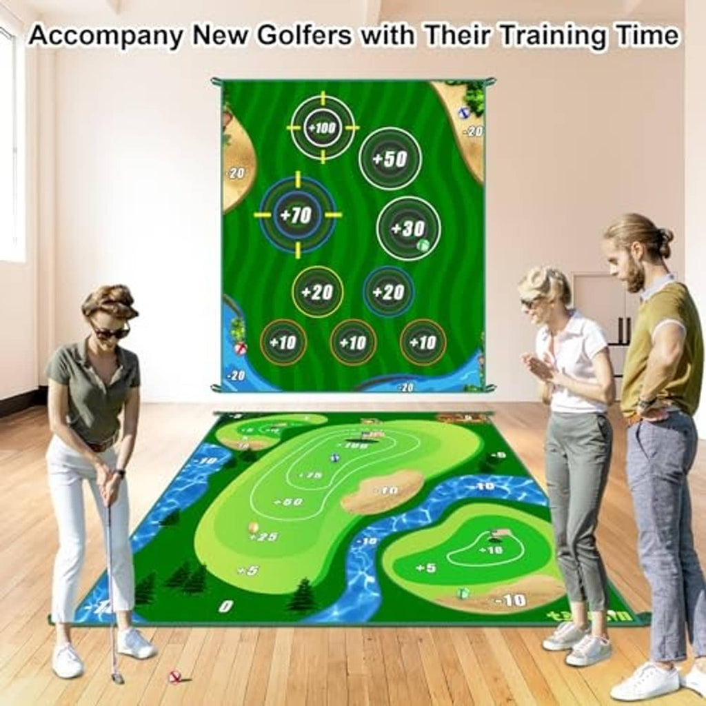 Double-sided golf practice mat laid indoors with scoring numbers on both sides