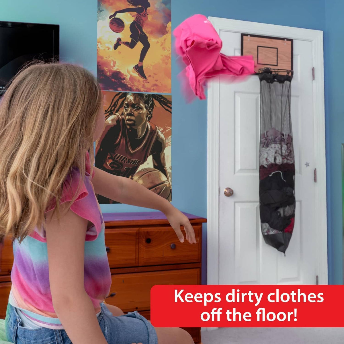 Over-the-door basketball laundry hamper with black net bag hanging on a white door