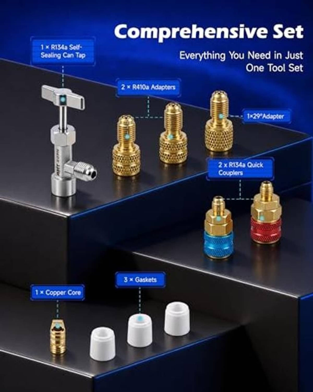 AC manifold gauge kit with blue/red gauges, brass adapters, and quick couplers