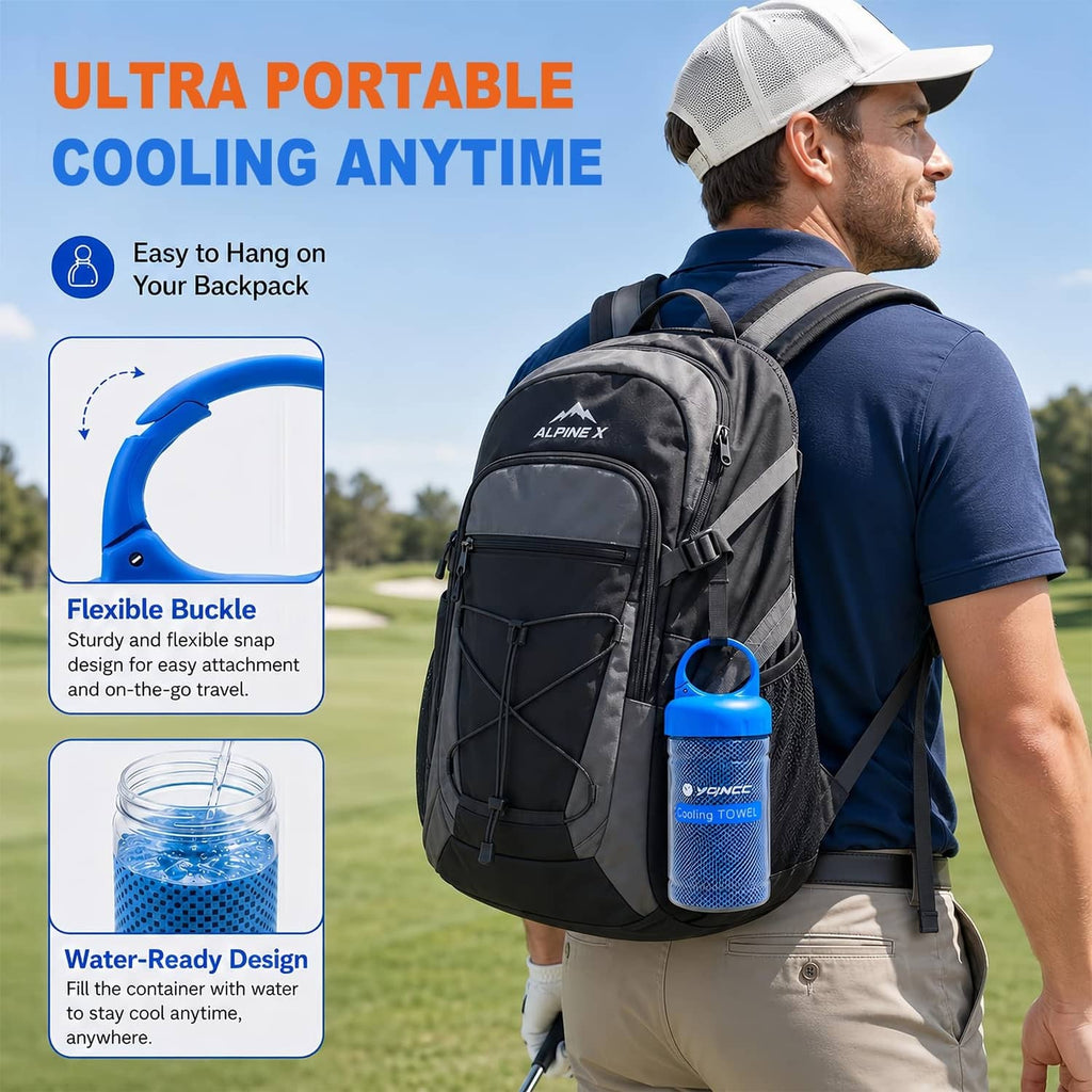 Portable blue cooling towel in carry bottle, clipped on backpack during travel