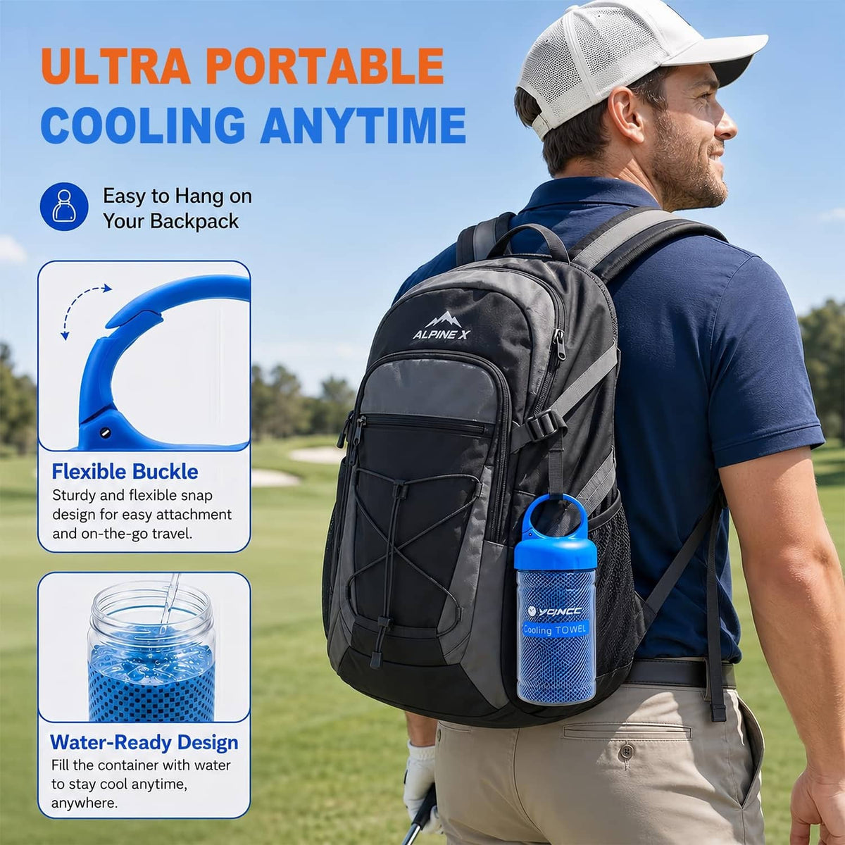 Portable blue cooling towel in carry bottle, clipped on backpack during travel