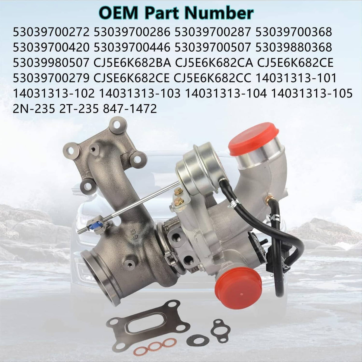 Turbocharger assembly with silver turbine housing, red caps, black hoses, and gasket parts