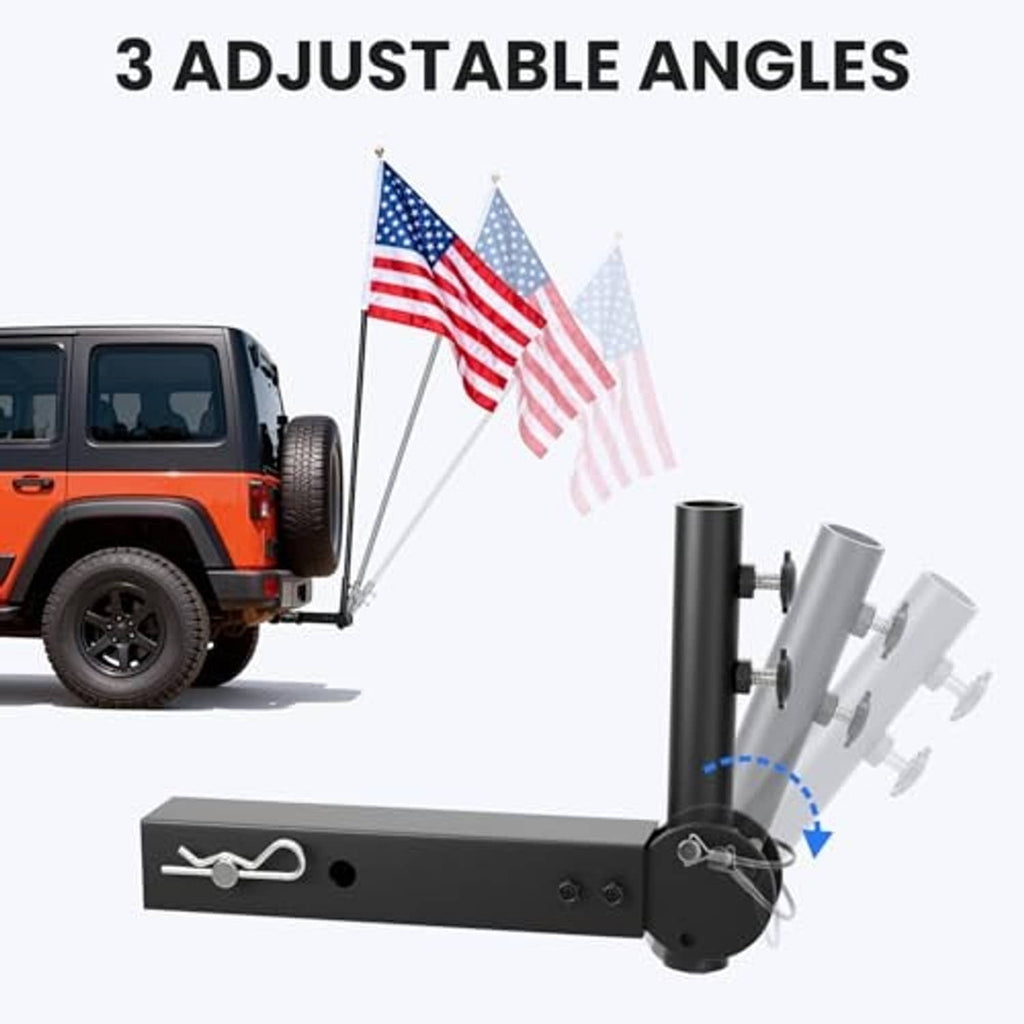 Adjustable trailer hitch flagpole mount with three angle settings bracket, black