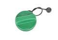 Green diesel fuel tank filler cap with black tether cord and pull handle
