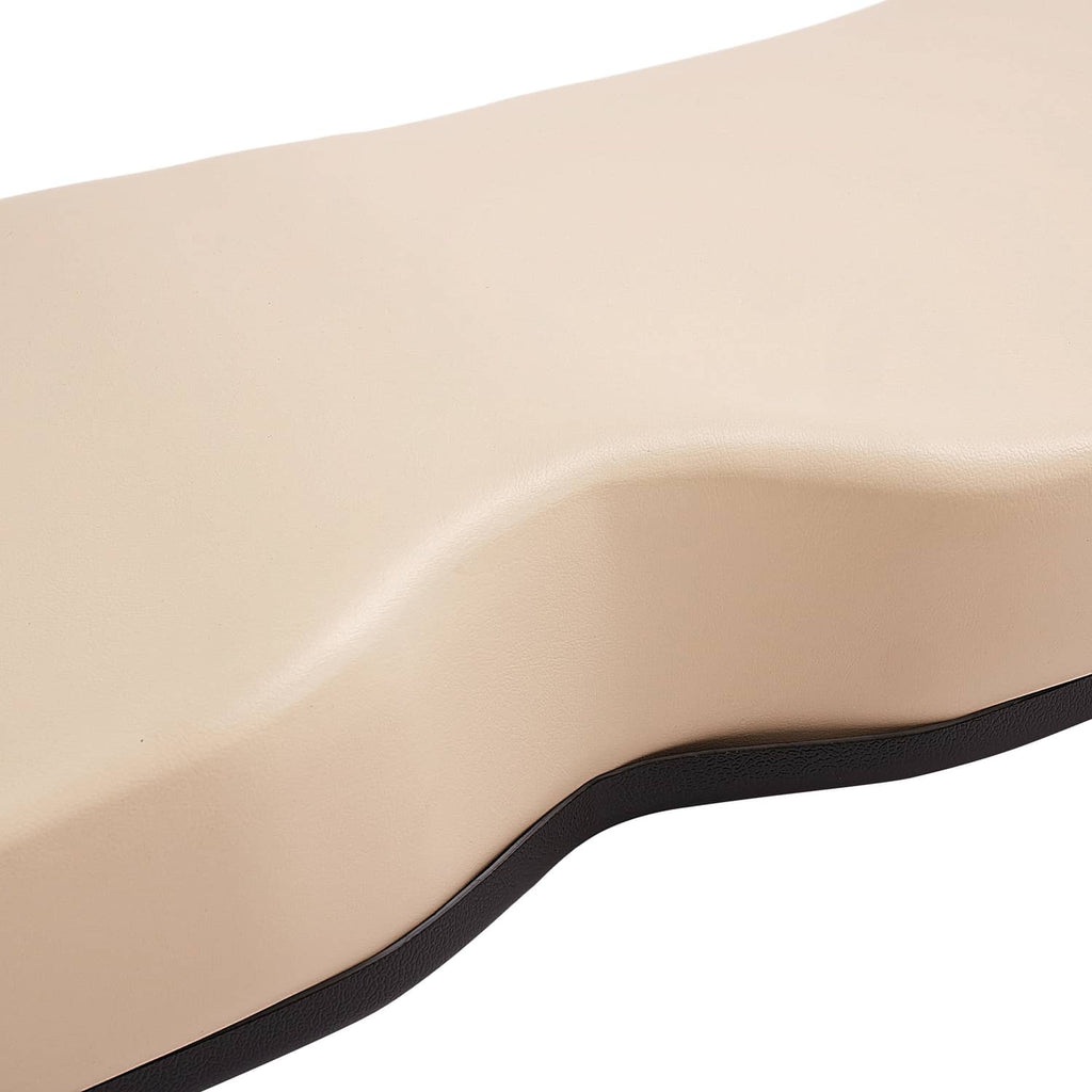 Beige seat back cushion corner with black trim along the edge