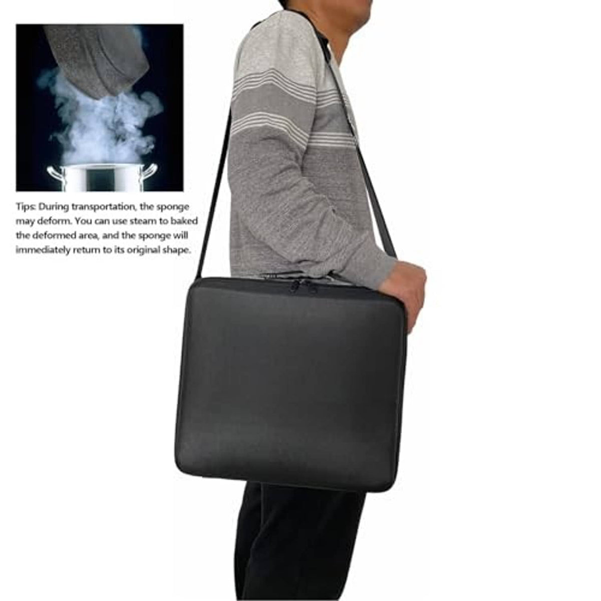 Hard pool ball carrying case worn crossbody by a person, dark gray zipped bag.