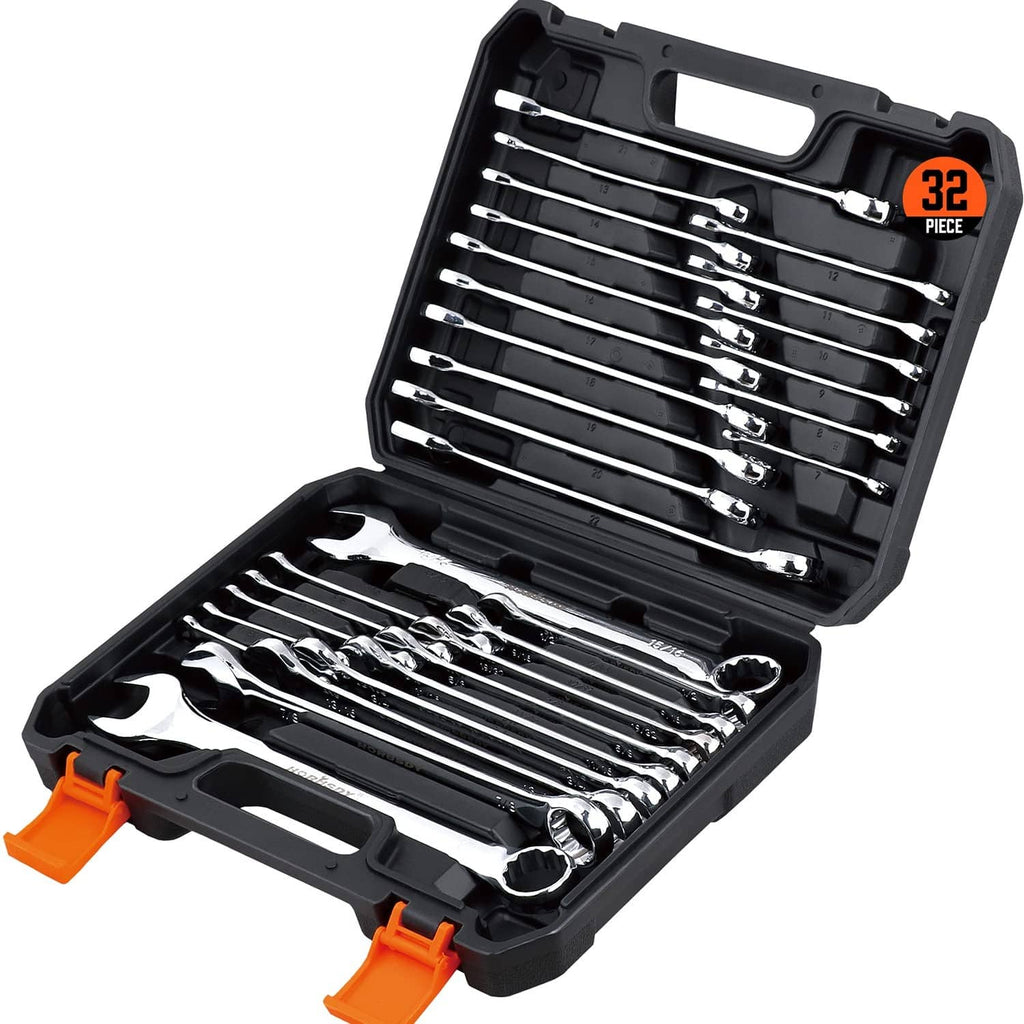 32-piece combination wrench set in black case, chrome wrenches with orange latch tabs
