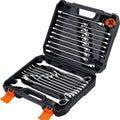 32-piece combination wrench set in black case, chrome wrenches with orange latch tabs