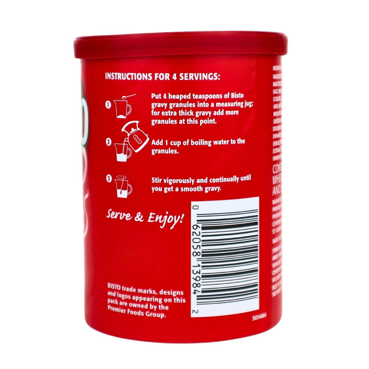 Back label view of a red Bisto instant gravy granules tub with serving instructions and barcode