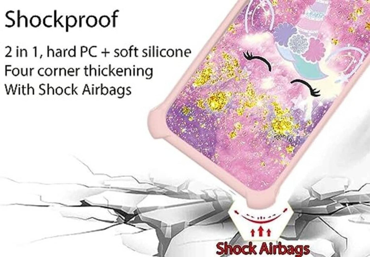 Pink glitter phone case with unicorn and cloud graphic, thick bumper shockproof corners