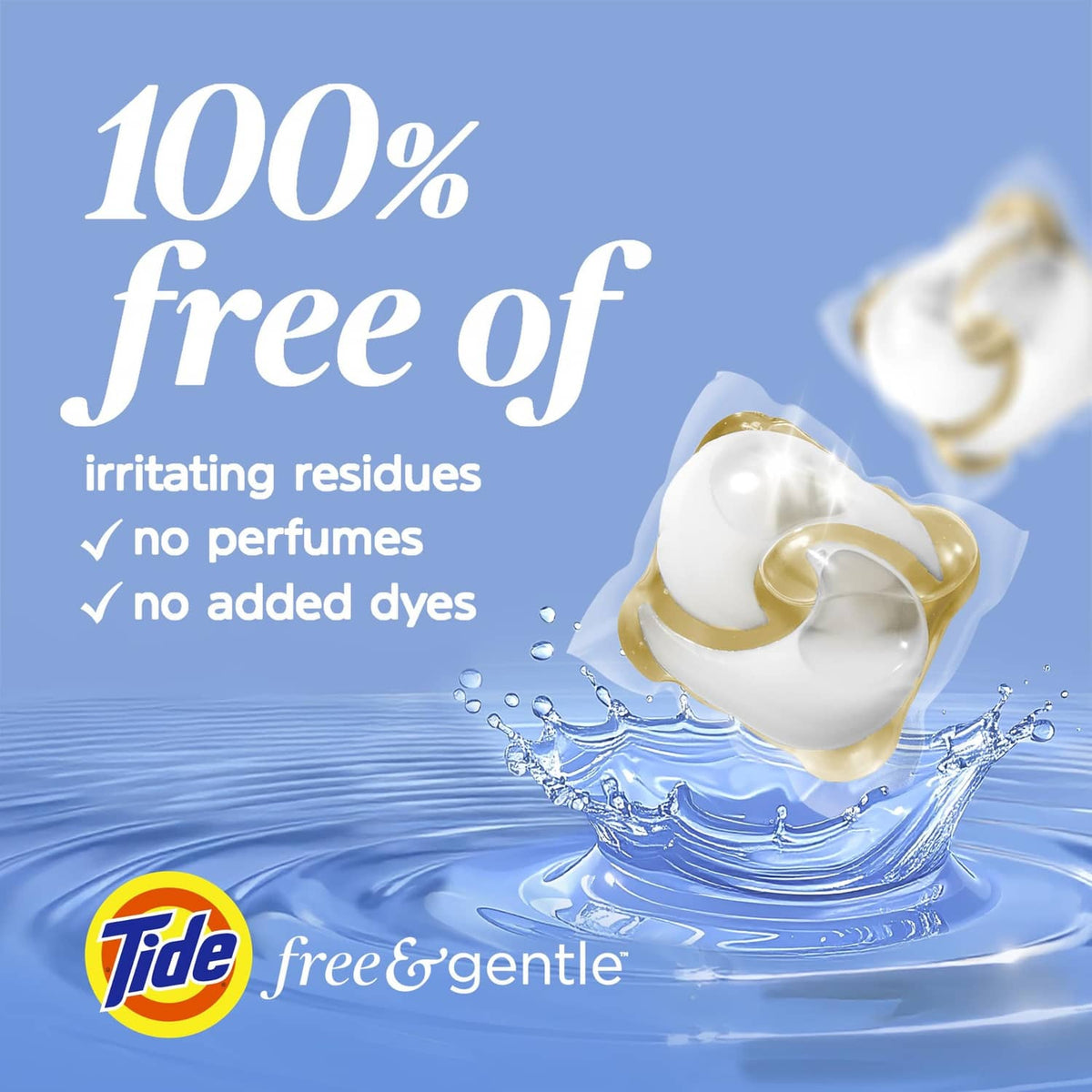Tide free & gentle laundry detergent pod with swirling foam and water splash