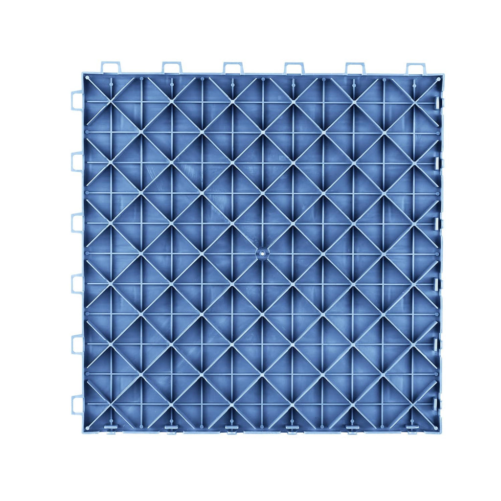 Blue underside of interlocking garage floor tile with diamond grid support studs