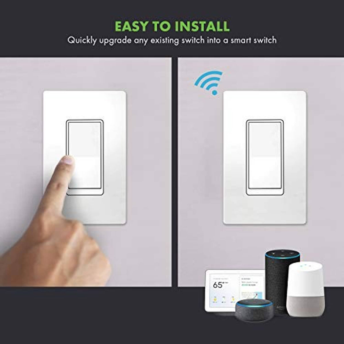 Wi‑Fi relay module with white wall switch plates for easy setup