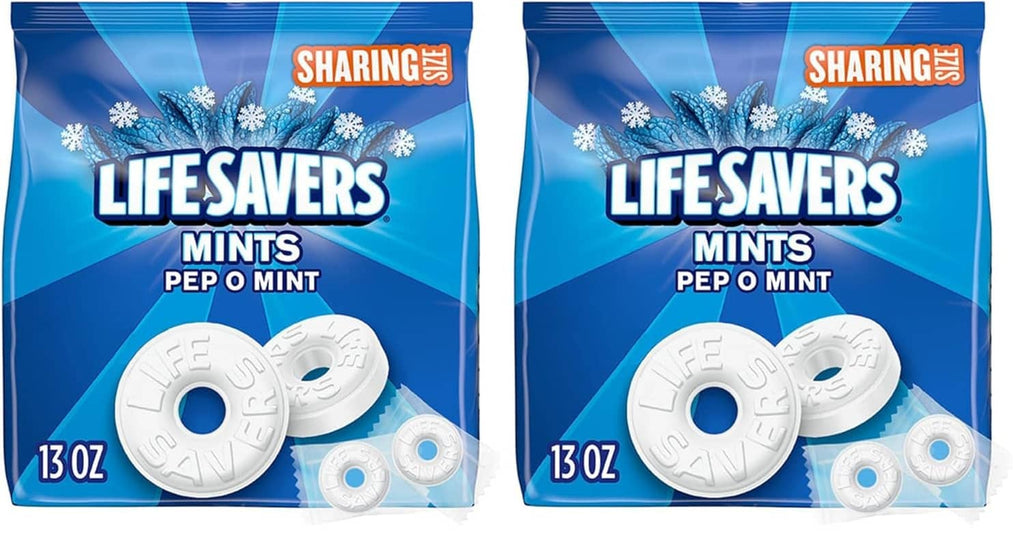 Lifesavers Pep O Mint hard candy sharing bag, two-pack shown front view.