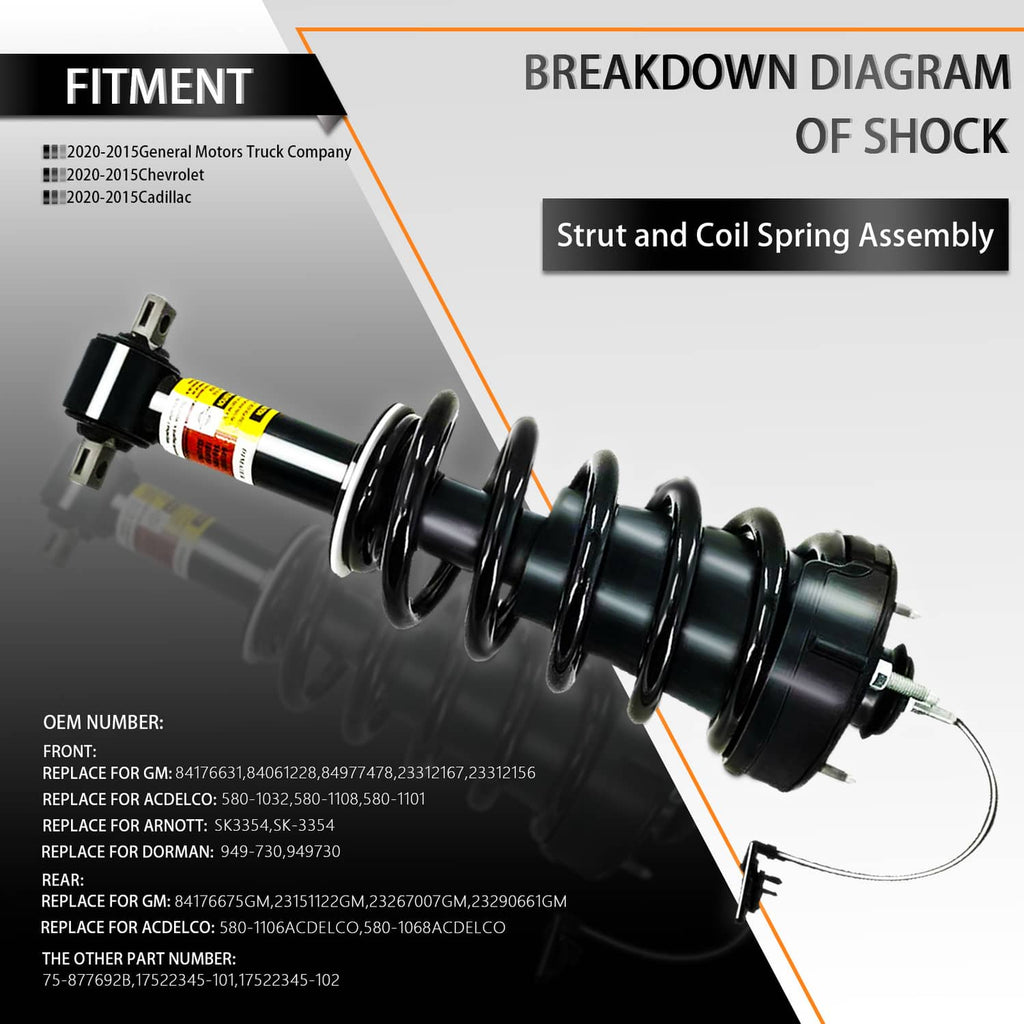 Strut and coil spring assembly with black springs and labeled shock component diagram
