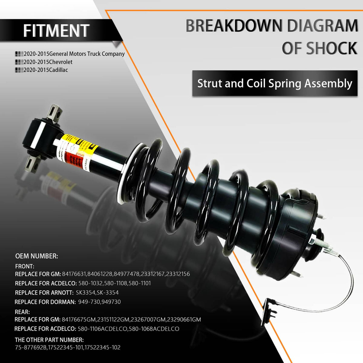 Strut and coil spring assembly with black springs and labeled shock component diagram