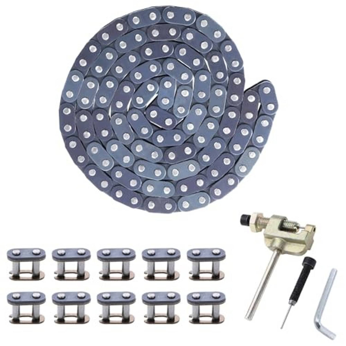 Rolled dark blue drive chain with silver pins and link breaker tool, including wrenches