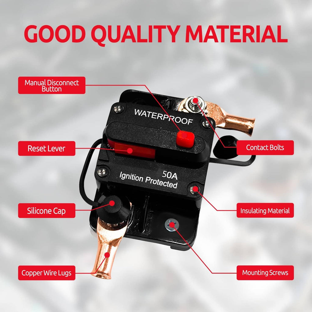 Black waterproof DC circuit breaker with copper wire lugs, reset lever, and silicone cap