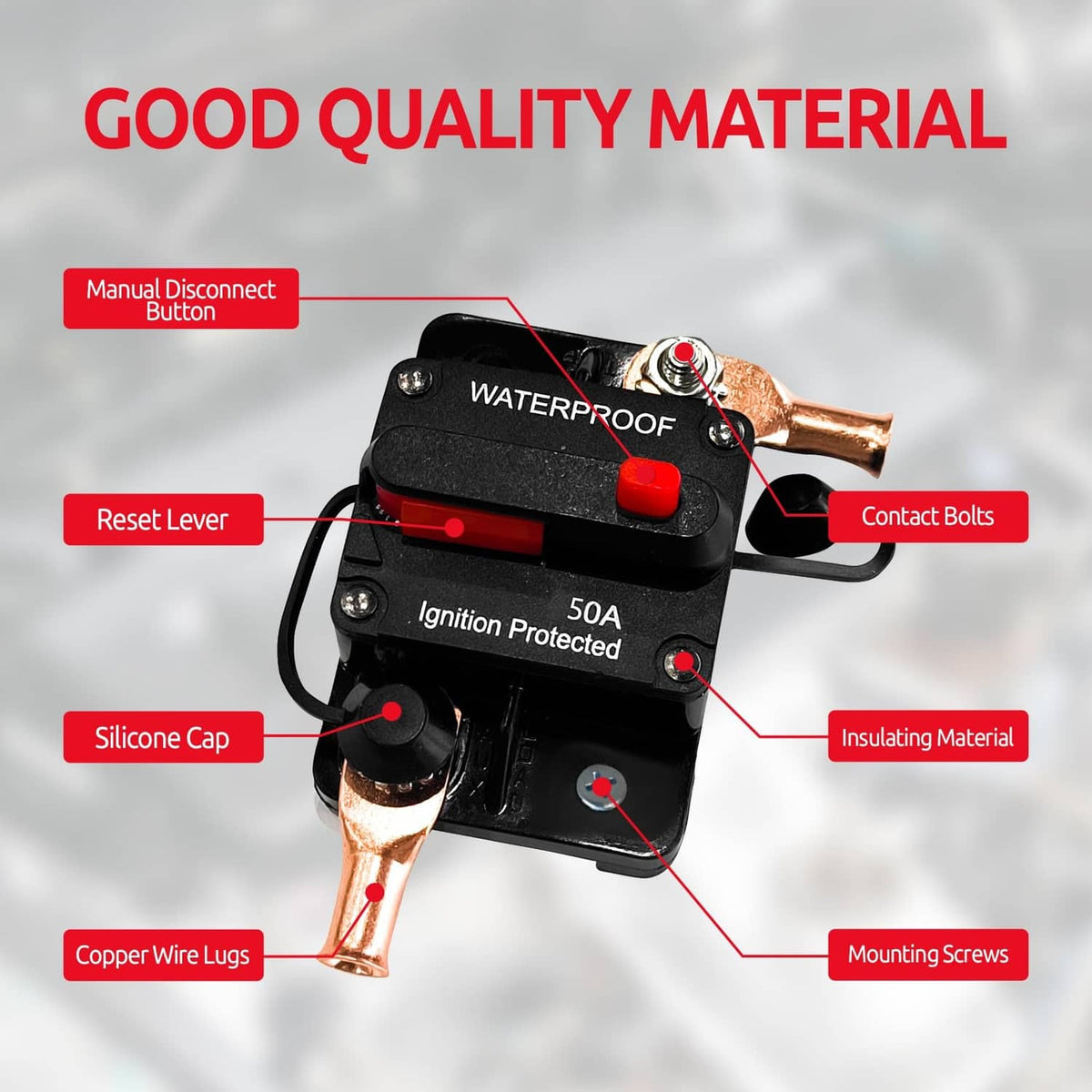 Black waterproof DC circuit breaker with copper wire lugs, reset lever, and silicone cap