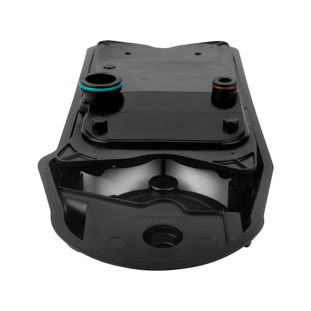 Black crankcase ventilation filter base with blue O-ring and four raised mounting posts