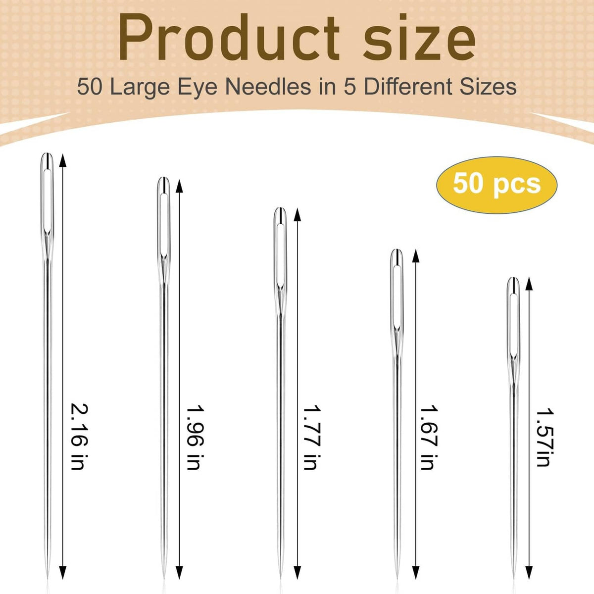 Five-size large-eye sewing needles set, silvery metal, 50-pack