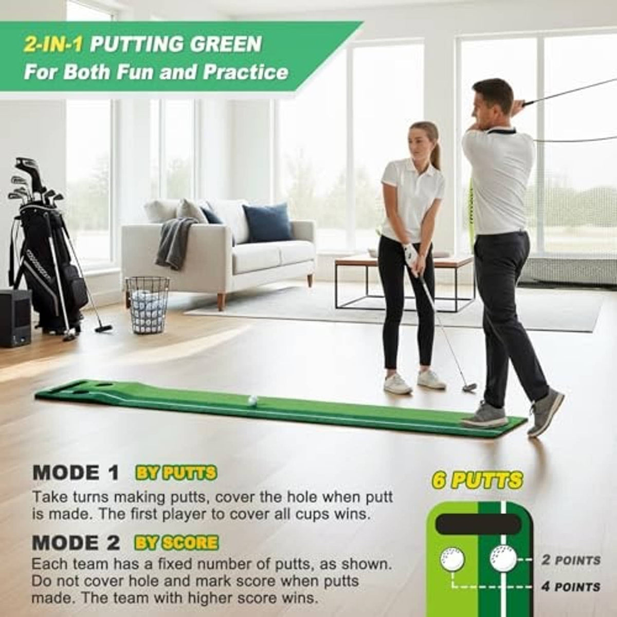 Indoor putting green mat with two holes, white balls, and practice putting lanes