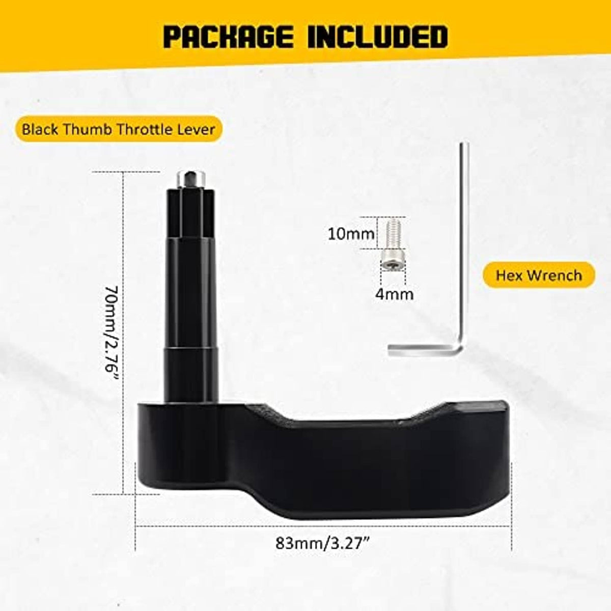 Black thumb throttle lever with included hex wrench and dimensions