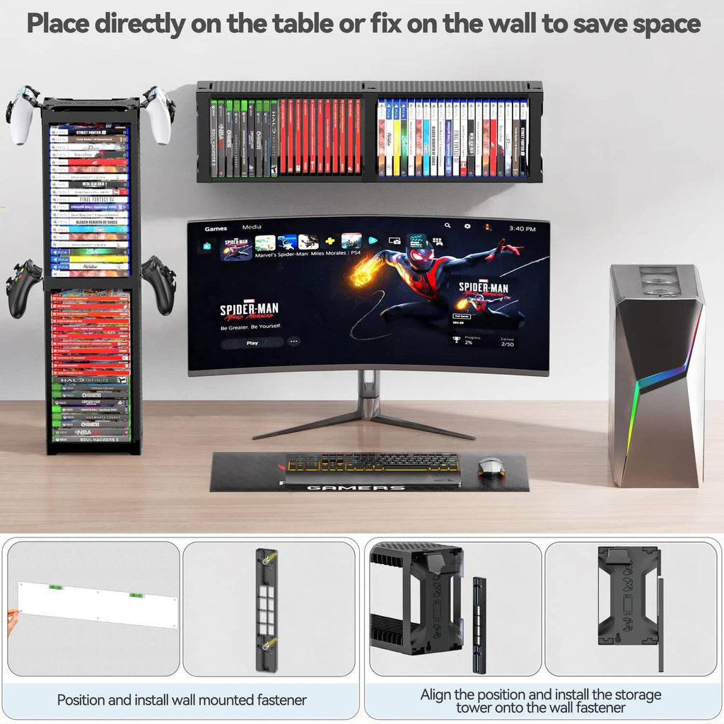 Black game disc rack tower wall-mountable unit with two tiers for game cases
