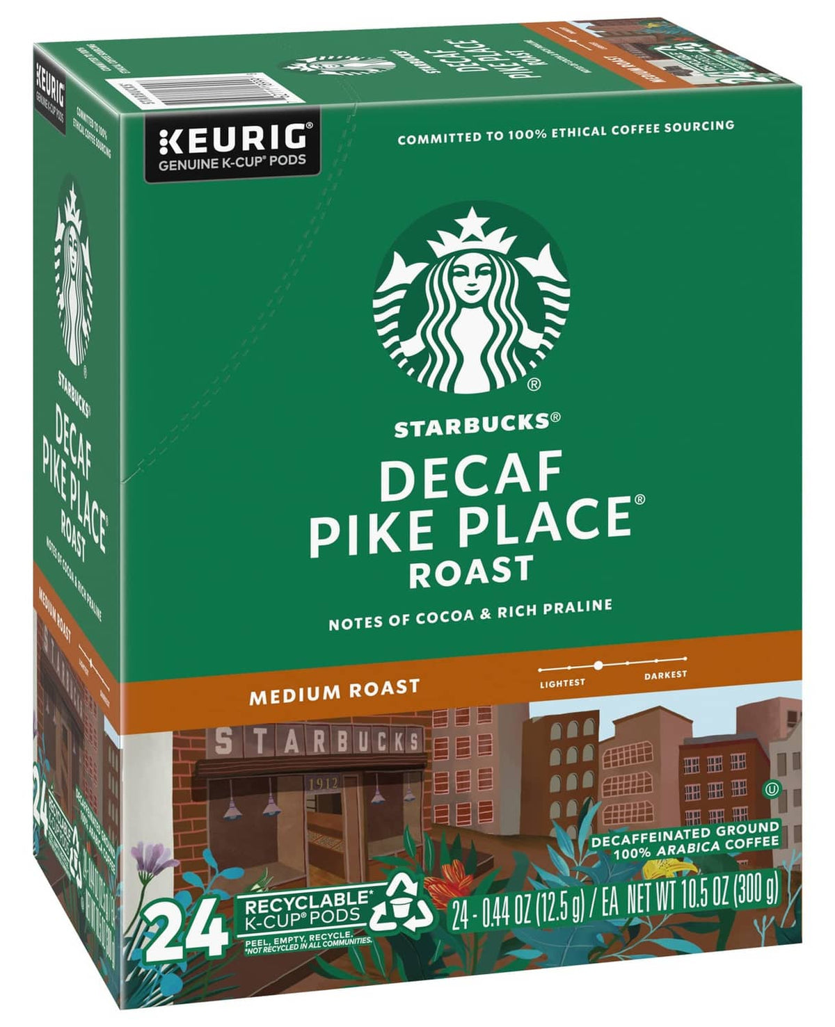Starbucks Decaf Pike Place K-cup pods box, green medium roast, side view, 24 count