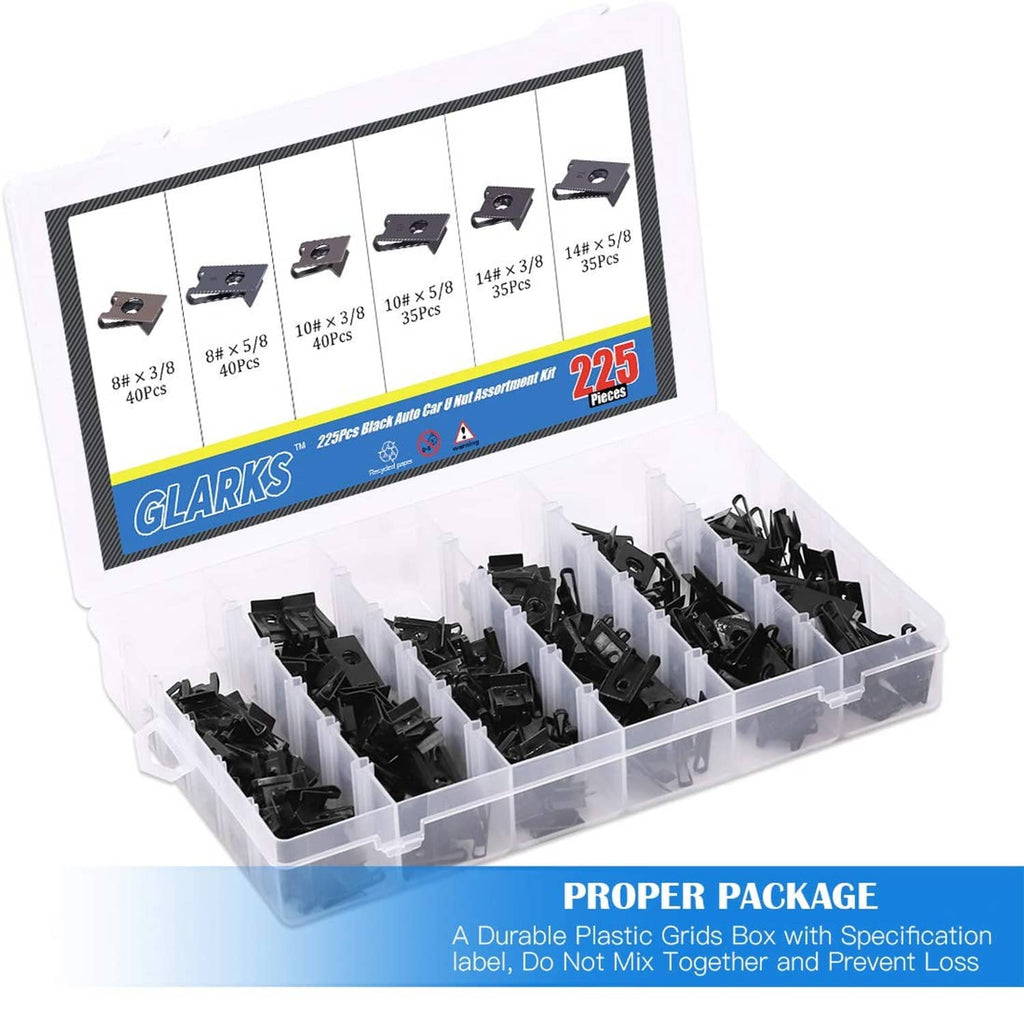 Boxed assortment of black U-nut auto clips in clear organizer tray