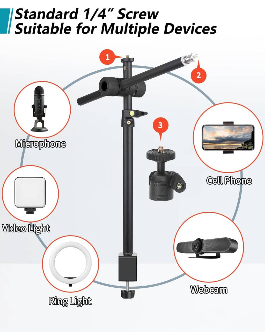 Overhead mount with 1/4 screw for devices like microphone, light, webcam.