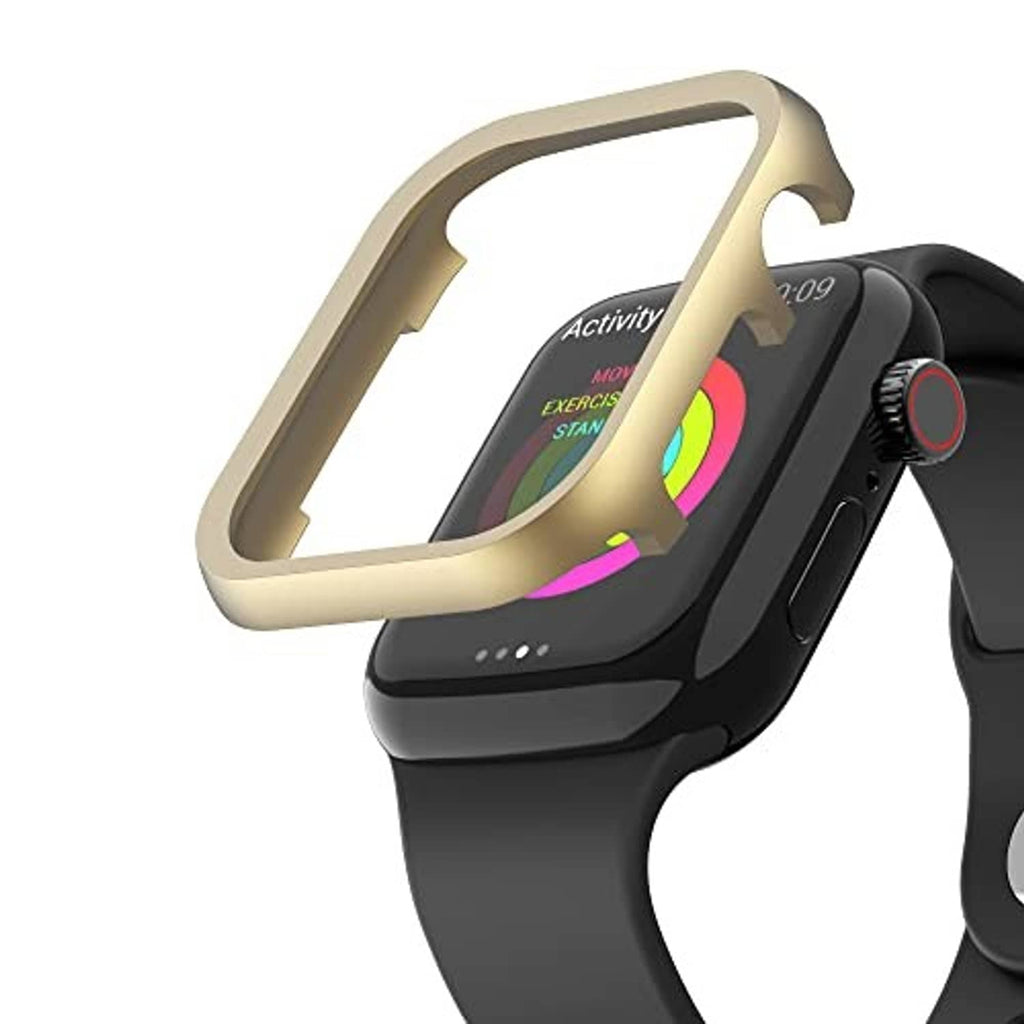 Gold aluminum bumper case on Apple Watch with corner cutouts for buttons