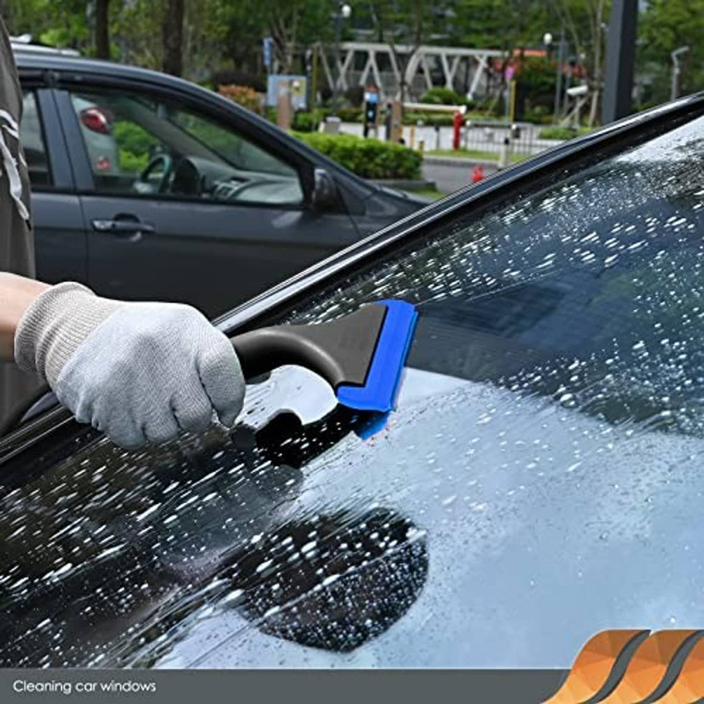 Car window squeegee with blue rubber edge and black handle