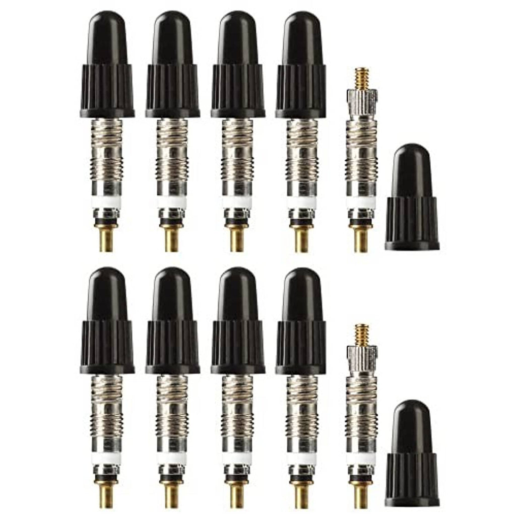 Presta valve core set with multiple cores and black caps, plus one core tool.