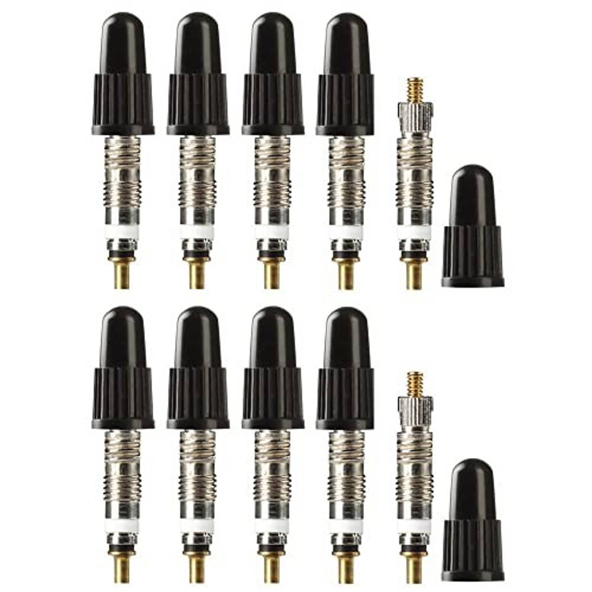 Presta valve core set with multiple cores and black caps, plus one core tool.