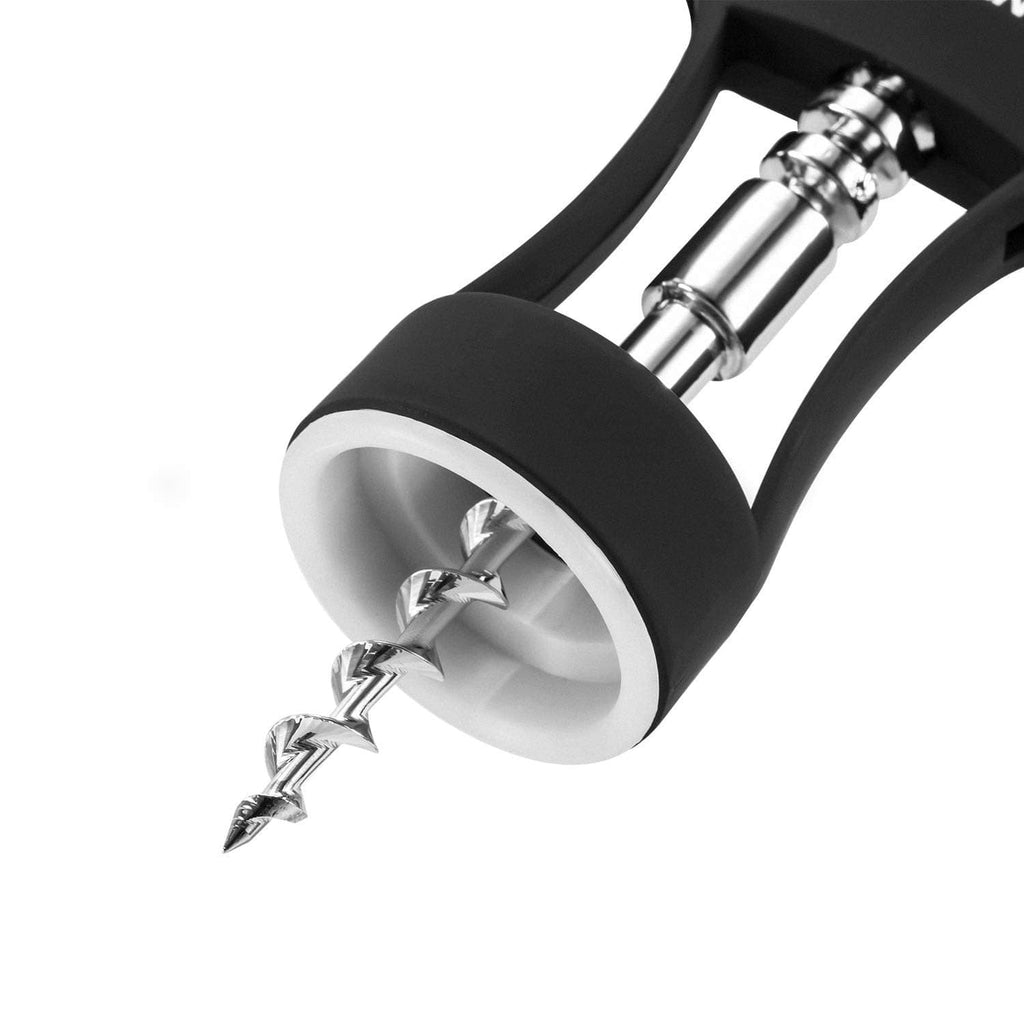Close-up of black wing corkscrew opener showing chrome cork screw mechanism