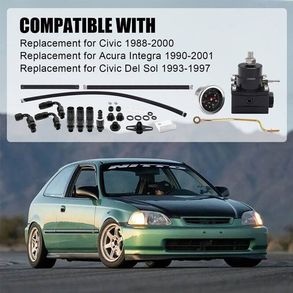 Fuel line system kit with black fuel pressure regulator, braided hoses, fittings, gauge
